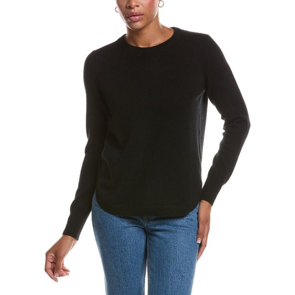 Autumn Cashmere Womens  Solid Shirttail Crewneck 100% Cashmere Sweater, Black